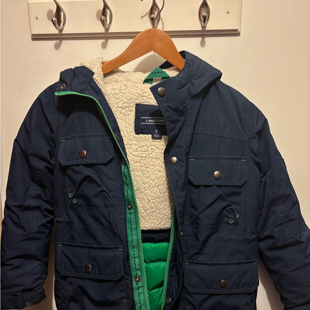 Lands' End Blue Jacket with Vibrant Green Interior